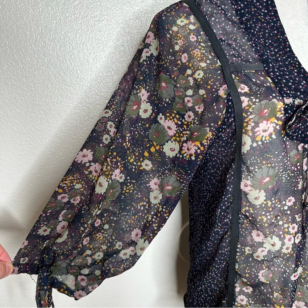 ZARA Womens Navy Blue Floral Chiffon Front Tie Top Balloon Sleeve Size XS/ S - Picture 4 of 10